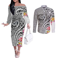 Aloha Kahoolawe Island Personalized Couples Matching Off The Shoulder Long Sleeve Dress and Long Sleeve Button Shirt Ashen Dreamy Turtle LT7 Grey - Polynesian Pride