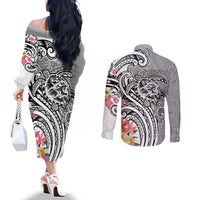 Aloha Kahoolawe Island Personalized Couples Matching Off The Shoulder Long Sleeve Dress and Long Sleeve Button Shirt Ashen Dreamy Turtle LT7 - Polynesian Pride
