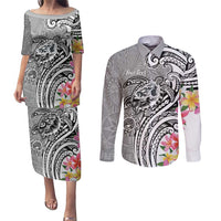 Aloha Kahoolawe Island Personalized Couples Matching Puletasi and Long Sleeve Button Shirt Ashen Dreamy Turtle LT7 Grey - Polynesian Pride