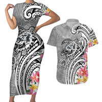 Aloha Kahoolawe Island Personalized Couples Matching Short Sleeve Bodycon Dress and Hawaiian Shirt Ashen Dreamy Turtle LT7 Grey - Polynesian Pride