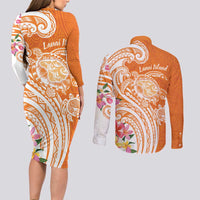 Aloha Lanai Island Personalized Couples Matching Long Sleeve Bodycon Dress and Long Sleeve Button Shirt Orange Dreamy Turtle LT7 - Polynesian Pride