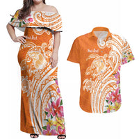 Aloha Lanai Island Personalized Couples Matching Off Shoulder Maxi Dress and Hawaiian Shirt Orange Dreamy Turtle LT7 Orange - Polynesian Pride
