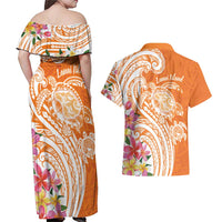 Aloha Lanai Island Personalized Couples Matching Off Shoulder Maxi Dress and Hawaiian Shirt Orange Dreamy Turtle LT7 - Polynesian Pride