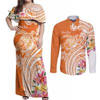 Aloha Lanai Island Personalized Couples Matching Off Shoulder Maxi Dress and Long Sleeve Button Shirt Orange Dreamy Turtle LT7 Orange - Polynesian Pride