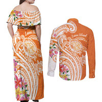 Aloha Lanai Island Personalized Couples Matching Off Shoulder Maxi Dress and Long Sleeve Button Shirt Orange Dreamy Turtle LT7 - Polynesian Pride