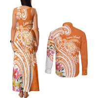 Aloha Lanai Island Personalized Couples Matching Tank Maxi Dress and Long Sleeve Button Shirt Orange Dreamy Turtle LT7 - Polynesian Pride