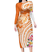 Aloha Lanai Island Personalized Family Matching Long Sleeve Bodycon Dress and Hawaiian Shirt Orange Dreamy Turtle