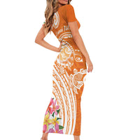 Aloha Lanai Island Personalized Family Matching Short Sleeve Bodycon Dress and Hawaiian Shirt Orange Dreamy Turtle