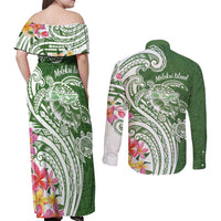 Aloha Molokai Island Personalized Couples Matching Off Shoulder Maxi Dress and Long Sleeve Button Shirt Sage Dreamy Turtle