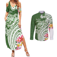 Aloha Molokai Island Personalized Couples Matching Summer Maxi Dress and Long Sleeve Button Shirt Sage Dreamy Turtle