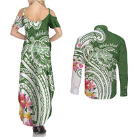 Aloha Molokai Island Personalized Couples Matching Summer Maxi Dress and Long Sleeve Button Shirt Sage Dreamy Turtle