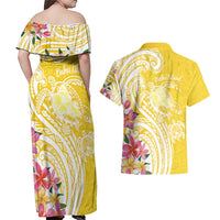 Aloha Oahu Island Personalized Couples Matching Off Shoulder Maxi Dress and Hawaiian Shirt Yellow Dreamy Turtle LT7 - Polynesian Pride