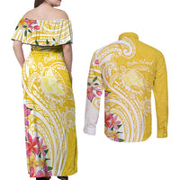 Aloha Oahu Island Personalized Couples Matching Off Shoulder Maxi Dress and Long Sleeve Button Shirt Yellow Dreamy Turtle LT7 - Polynesian Pride