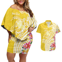 Aloha Oahu Island Personalized Couples Matching Off Shoulder Short Dress and Hawaiian Shirt Yellow Dreamy Turtle LT7 Yellow - Polynesian Pride