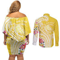 Aloha Oahu Island Personalized Couples Matching Off Shoulder Short Dress and Long Sleeve Button Shirt Yellow Dreamy Turtle LT7 - Polynesian Pride