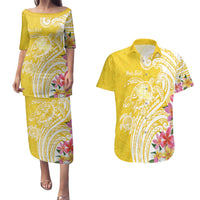 Aloha Oahu Island Personalized Couples Matching Puletasi and Hawaiian Shirt Yellow Dreamy Turtle LT7 Yellow - Polynesian Pride