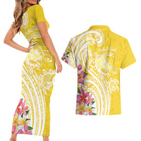 Aloha Oahu Island Personalized Couples Matching Short Sleeve Bodycon Dress and Hawaiian Shirt Yellow Dreamy Turtle LT7 - Polynesian Pride