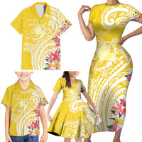 Aloha Oahu Island Personalized Family Matching Short Sleeve Bodycon Dress and Hawaiian Shirt Yellow Dreamy Turtle