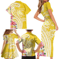 Aloha Oahu Island Personalized Family Matching Short Sleeve Bodycon Dress and Hawaiian Shirt Yellow Dreamy Turtle