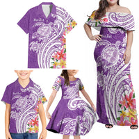 Aloha Kauai Island Personalized Family Matching Off Shoulder Maxi Dress and Hawaiian Shirt Lilac Dreamy Turtle