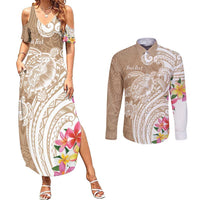 Aloha Niihau Island Personalized Couples Matching Summer Maxi Dress and Long Sleeve Button Shirt Beige Dreamy Turtle LT7 Beige - Polynesian Pride