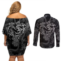 Hawaii Father's Day Vintage Lei Couples Matching Off Shoulder Short Dress and Long Sleeve Button Shirt Hauoli la Makuakane - Black LT7 - Polynesian Pride