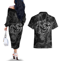 Hawaii Father's Day Vintage Lei Couples Matching Off The Shoulder Long Sleeve Dress and Hawaiian Shirt Hauoli la Makuakane - Black