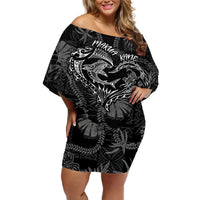 Hawaii Father's Day Vintage Lei Off Shoulder Short Dress Hauoli la Makuakane - Black LT7 Women Black - Polynesian Pride