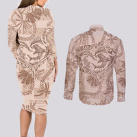 Hawaii Father's Day Vintage Lei Couples Matching Long Sleeve Bodycon Dress and Long Sleeve Button Shirt Hauoli la Makuakane - Beige