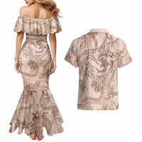 Hawaii Father's Day Vintage Lei Couples Matching Mermaid Dress and Hawaiian Shirt Hauoli la Makuakane - Beige