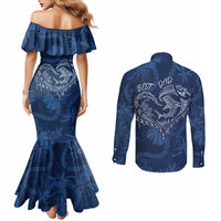 Hawaii Father's Day Vintage Lei Couples Matching Mermaid Dress and Long Sleeve Button Shirt Hauoli la Makuakane - Blue LT7 - Polynesian Pride
