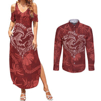 Hawaii Father's Day Vintage Lei Couples Matching Summer Maxi Dress and Long Sleeve Button Shirt Hauoli la Makuakane - Red LT7 Red - Polynesian Pride