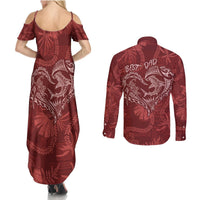 Hawaii Father's Day Vintage Lei Couples Matching Summer Maxi Dress and Long Sleeve Button Shirt Hauoli la Makuakane - Red LT7 - Polynesian Pride