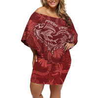 Hawaii Father's Day Vintage Lei Off Shoulder Short Dress Hauoli la Makuakane - Red LT7 Women Red - Polynesian Pride