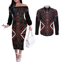 Maori Taiaha Whakairo Personalized Couples Matching Off The Shoulder Long Sleeve Dress and Long Sleeve Button Shirt Red Poutama Motifs LT7 Red - Polynesian Pride