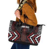 Maori Taiaha Whakairo Personalized Leather Tote Bag Red Poutama Motifs
