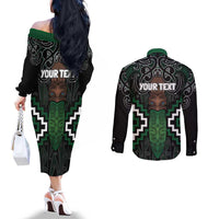 Maori Taiaha Pounamu Whakairo Personalized Couples Matching Off The Shoulder Long Sleeve Dress and Long Sleeve Button Shirt Jade Poutama Motifs