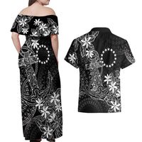 Black Kuki Airani Tapakau Couples Matching Off Shoulder Maxi Dress and Hawaiian Shirt Tribal Anchor Mix Tiare