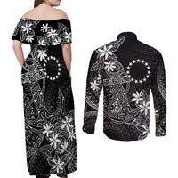 Black Kuki Airani Tapakau Couples Matching Off Shoulder Maxi Dress and Long Sleeve Button Shirt Tribal Anchor Mix Tiare
