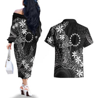 Black Kuki Airani Tapakau Couples Matching Off The Shoulder Long Sleeve Dress and Hawaiian Shirt Tribal Anchor Mix Tiare