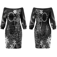 Black Kuki Airani Tapakau Family Matching Off The Shoulder Long Sleeve Dress and Hawaiian Shirt Tribal Anchor Mix Tiare LT7 Mom's Dress Black - Polynesian Pride
