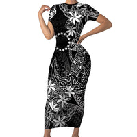 Black Kuki Airani Tapakau Short Sleeve Bodycon Dress Tribal Anchor Mix Tiare LT7 Long Dress Black - Polynesian Pride
