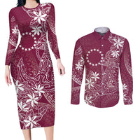 Maroon Kuki Airani Tapakau Couples Matching Long Sleeve Bodycon Dress and Long Sleeve Button Shirt Tribal Anchor Mix Tiare