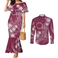 Maroon Kuki Airani Tapakau Couples Matching Mermaid Dress and Long Sleeve Button Shirt Tribal Anchor Mix Tiare