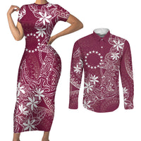 Maroon Kuki Airani Tapakau Couples Matching Short Sleeve Bodycon Dress and Long Sleeve Button Shirt Tribal Anchor Mix Tiare LT7 Maroon - Polynesian Pride