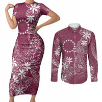 Maroon Kuki Airani Tapakau Couples Matching Short Sleeve Bodycon Dress and Long Sleeve Button Shirt Tribal Anchor Mix Tiare LT7 Maroon - Polynesian Pride