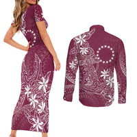 Maroon Kuki Airani Tapakau Couples Matching Short Sleeve Bodycon Dress and Long Sleeve Button Shirt Tribal Anchor Mix Tiare LT7 - Polynesian Pride