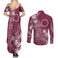 Maroon Kuki Airani Tapakau Couples Matching Summer Maxi Dress and Long Sleeve Button Shirt Tribal Anchor Mix Tiare