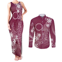 Maroon Kuki Airani Tapakau Couples Matching Tank Maxi Dress and Long Sleeve Button Shirt Tribal Anchor Mix Tiare