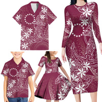 Maroon Kuki Airani Tapakau Family Matching Long Sleeve Bodycon Dress and Hawaiian Shirt Tribal Anchor Mix Tiare LT7 - Polynesian Pride